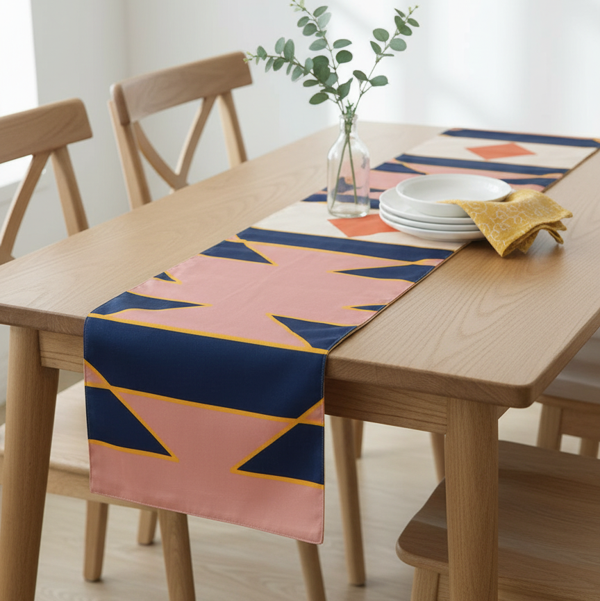 Peach and navy geometric table runner with mustard outlines on a dining table.