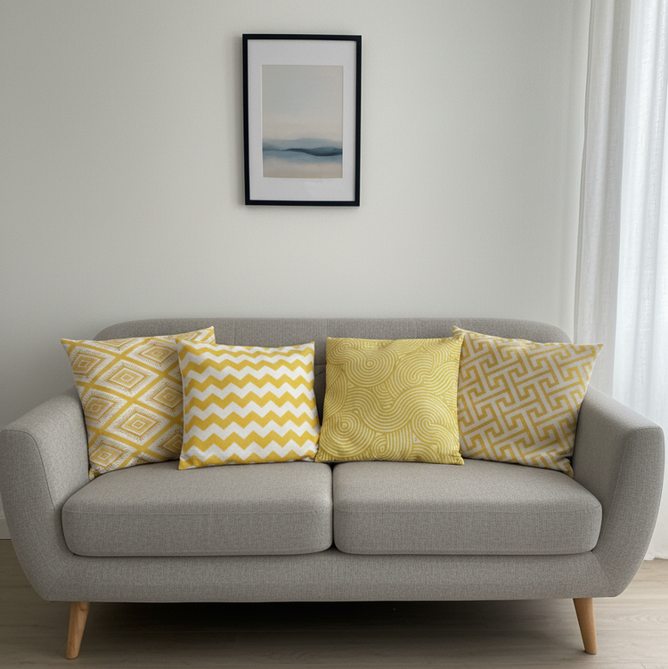 Yellow and white geometric cushion covers arranged on a grey sofa.