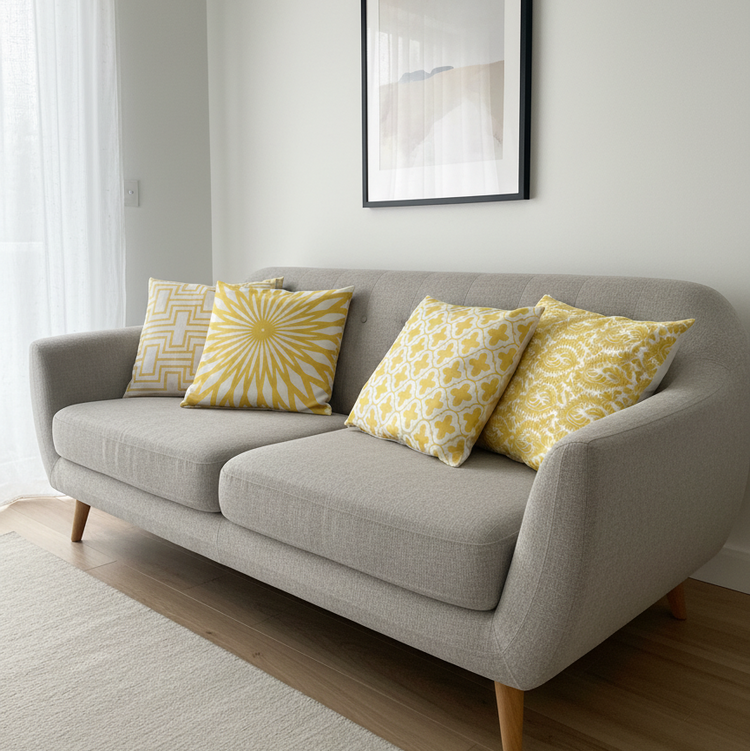 Yellow and white floral cushion covers arranged on a grey sofa.