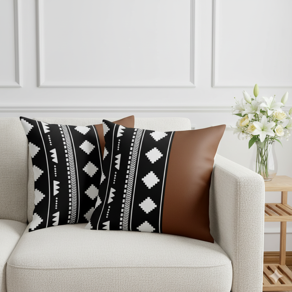 Two cushion covers with black and white geometric bands and plain brown side panels on a sofa.
