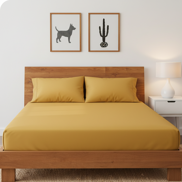 Ochre cotton fitted sheet displayed on a bed with matching pillowcases.