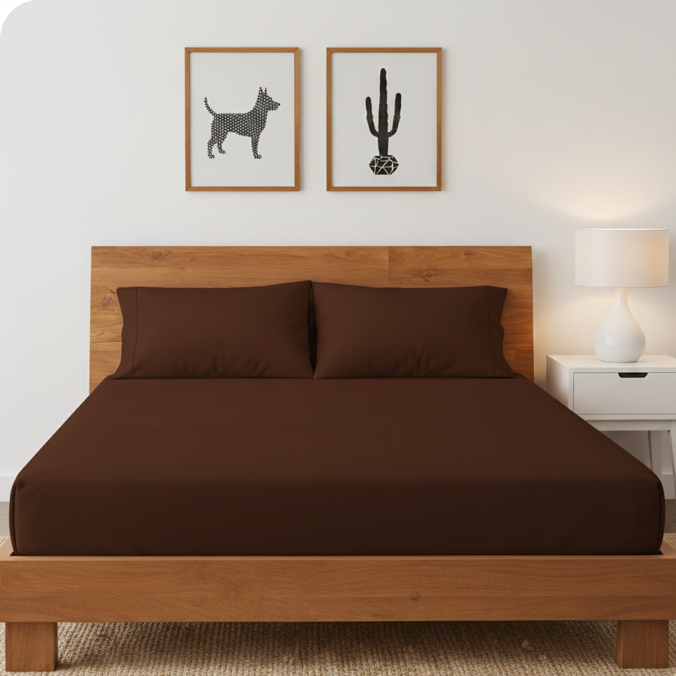 Chocolate brown fitted sheet displayed on a bed with matching pillowcases.