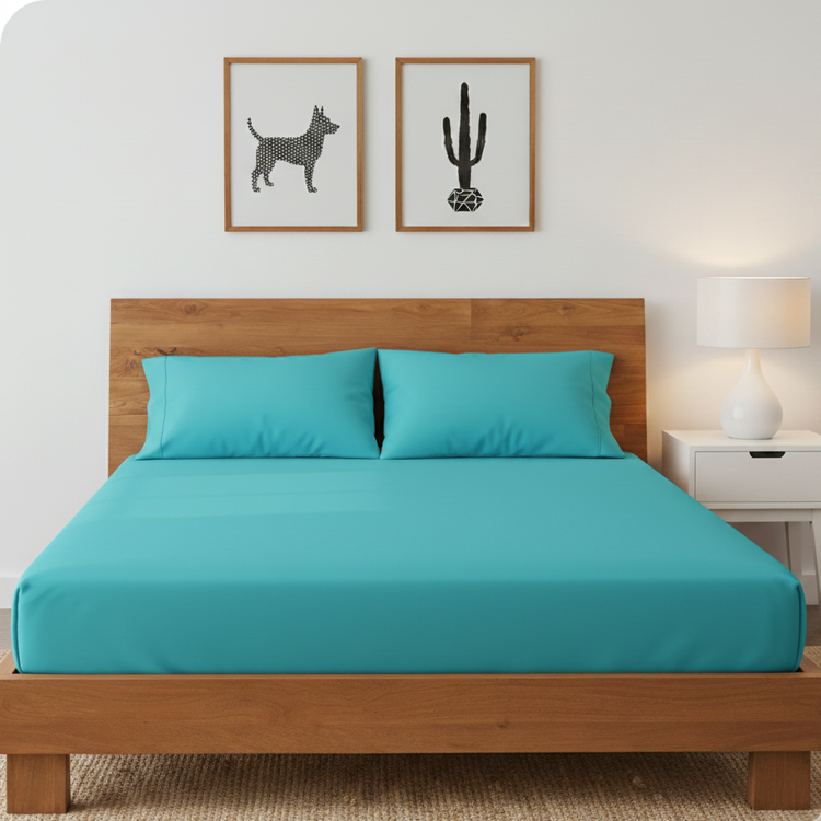 Peacock blue fitted sheet and matching pillowcases displayed on a bed.