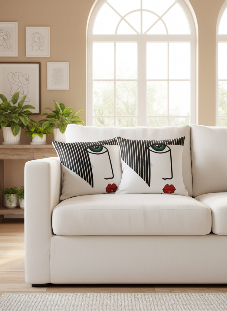 Two cream cushion covers with black line patterns and small red accents on an armchair.
