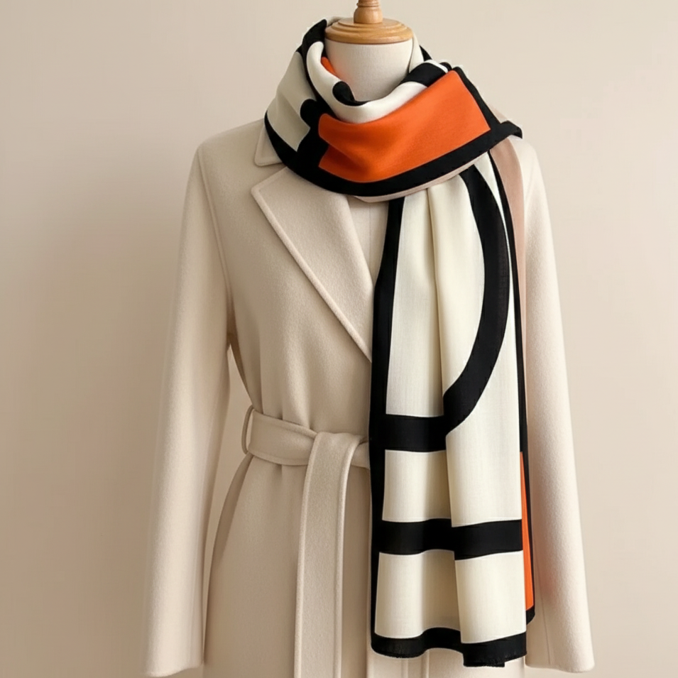 Cream, black and orange geometric scarf styled with a cream coat.