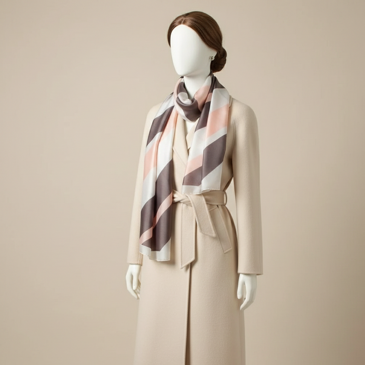 Blush, cream and brown geometric scarf styled on a mannequin.