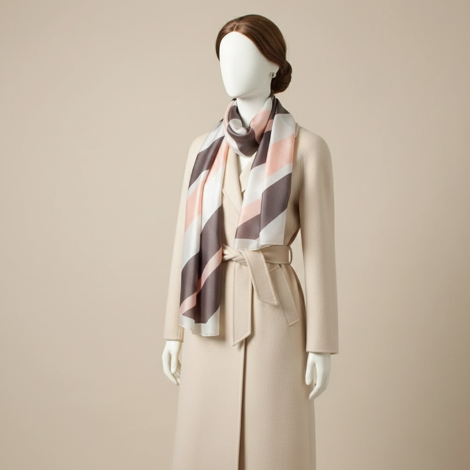 Blush, cream and brown geometric scarf styled on a mannequin.