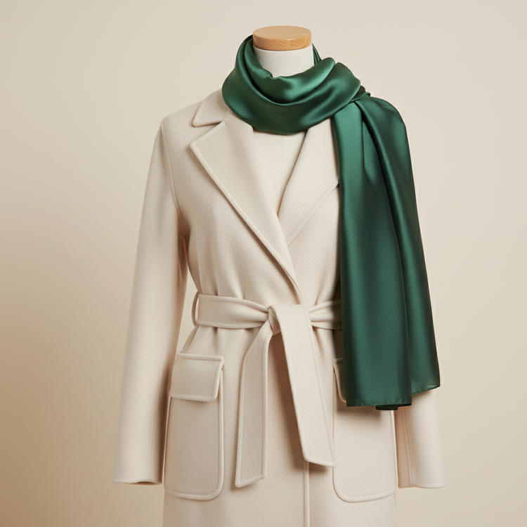 Deep green scarf styled with a cream coat on a mannequin.
