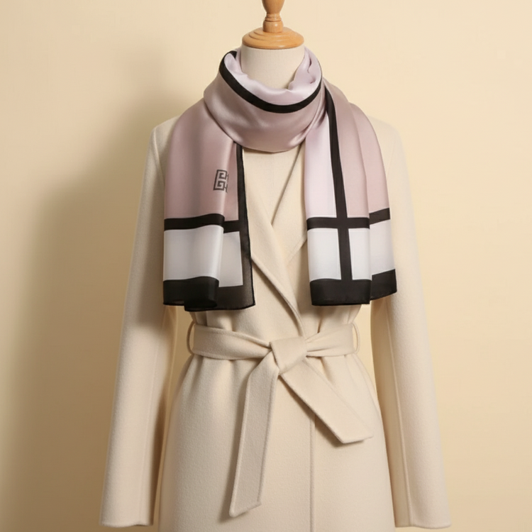 Blush pink scarf with black borders styled with a cream coat.