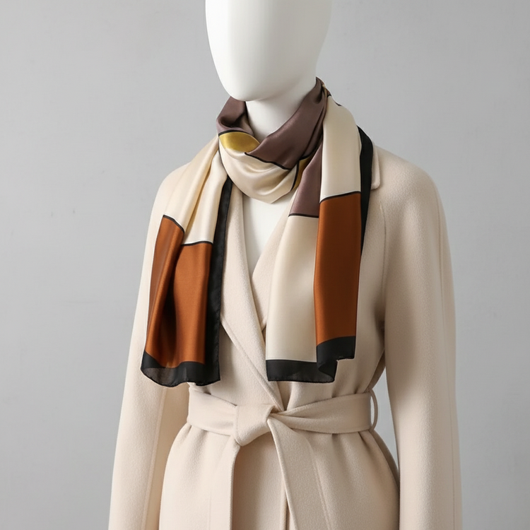 Rust, black and cream colour-block scarf styled with a cream coat.