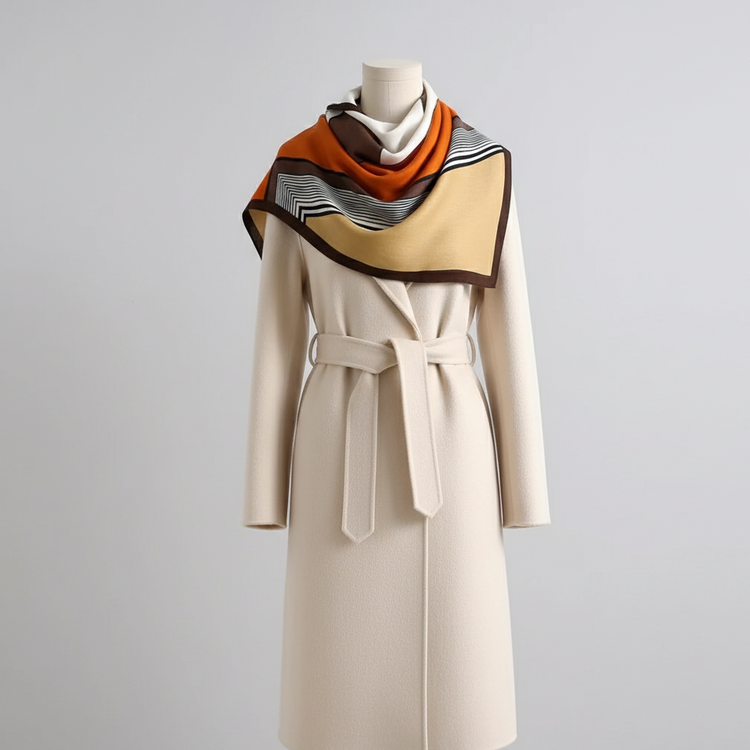 Cream, tan, orange and black colour-block scarf styled with a coat.