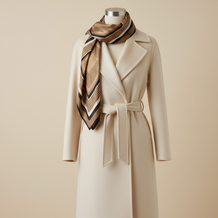 Brown, tan and black striped scarf styled with a cream coat.