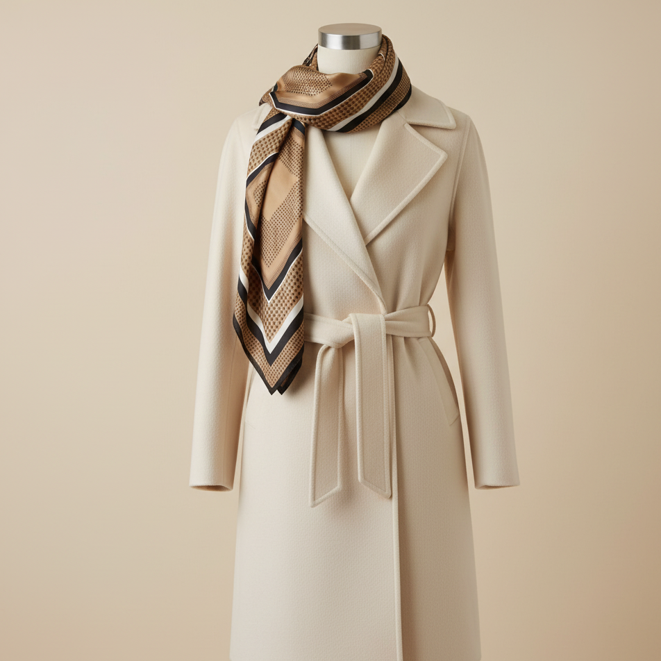 Brown, tan and black striped scarf styled with a cream coat.
