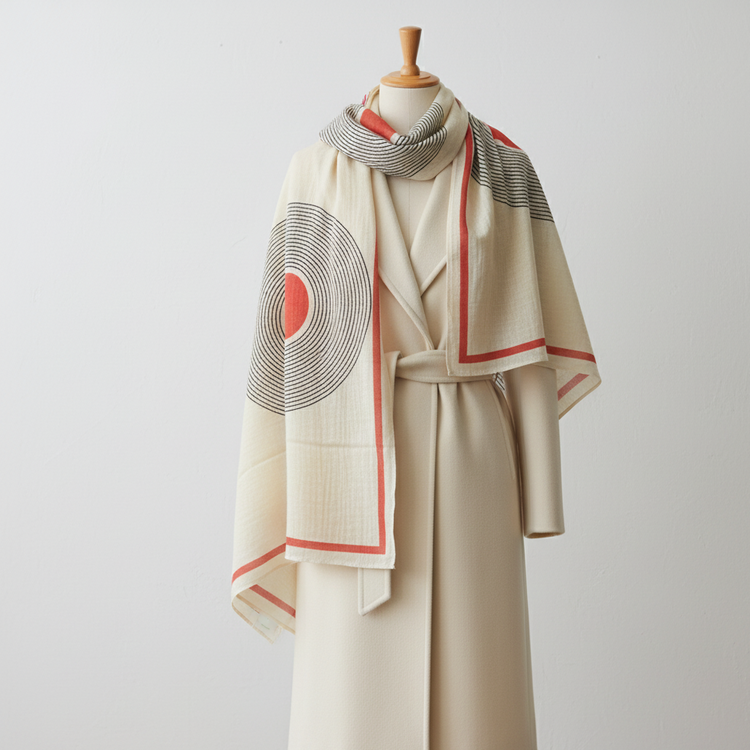 Cream scarf with grey shapes and fine red borders styled on a mannequin.