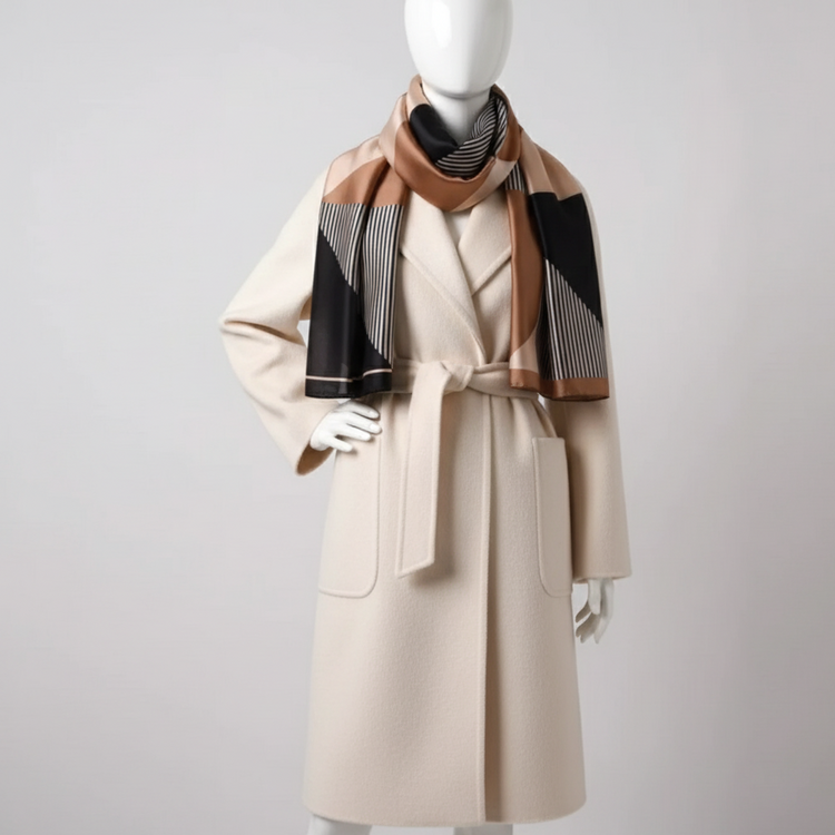 Black, cream and tan colour-block scarf styled with a cream coat.