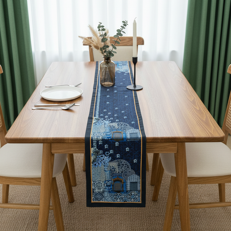 Navy table runner with blue botanical and decorative border motifs.