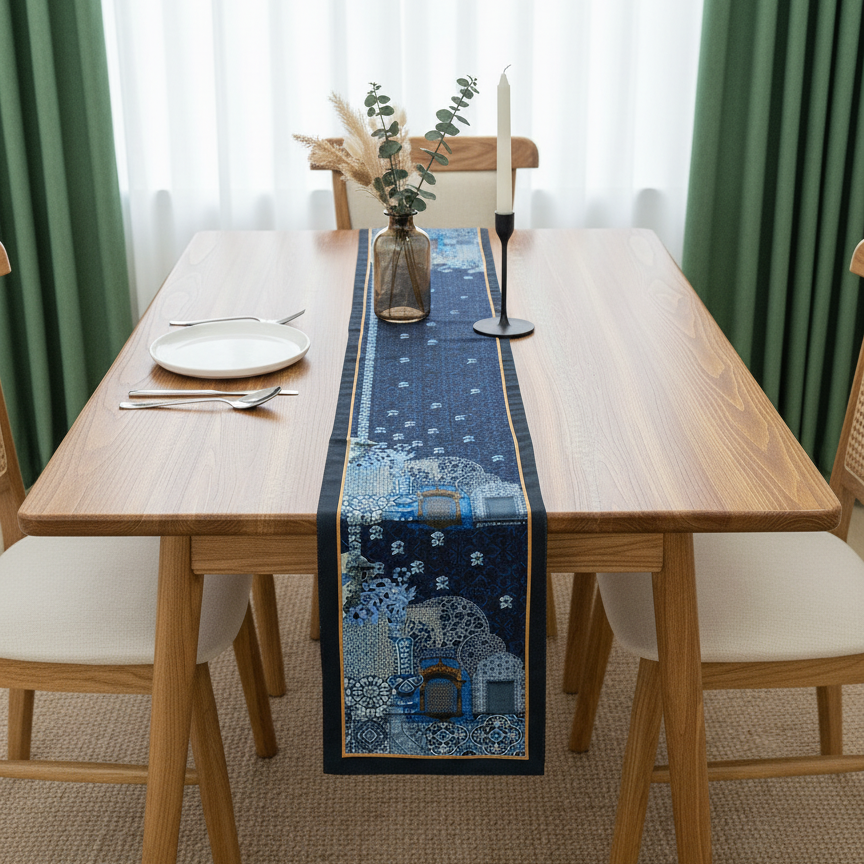 Navy table runner with blue botanical and decorative border motifs.