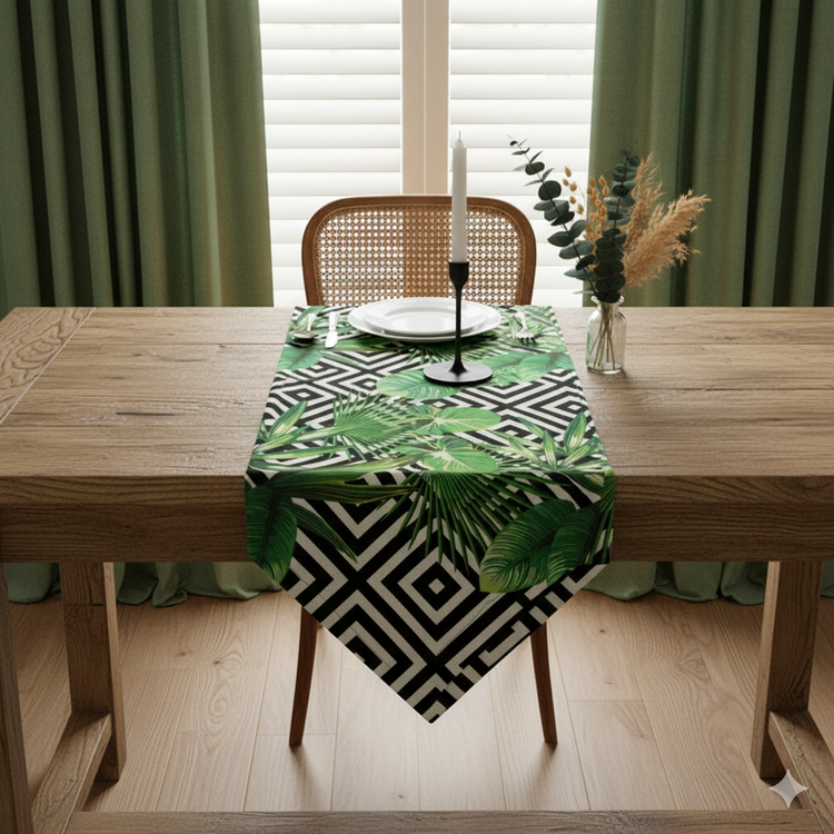 Green tropical-leaf table runner over a black and white geometric pattern.