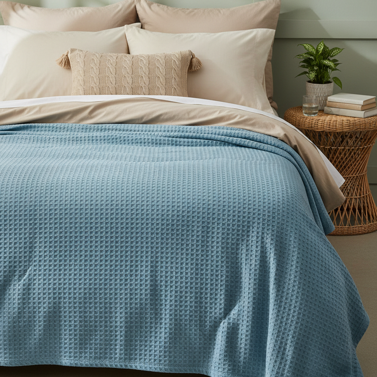 Washed blue textured thermal blanket draped over a bed.