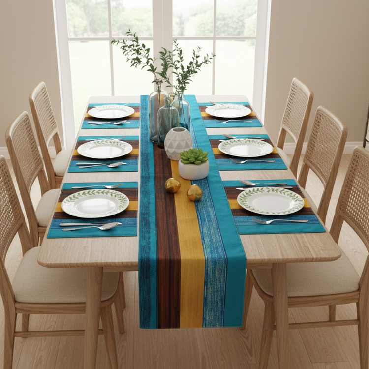 Turquoise and mustard striped table runner with matching placemats.