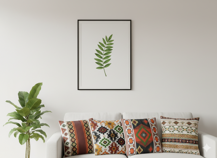 Earthy geometric cushion covers arranged in a row on a white sofa.