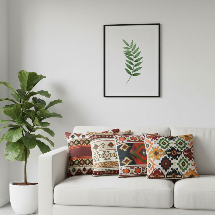 Four multicoloured geometric cushion covers arranged on a white sofa.
