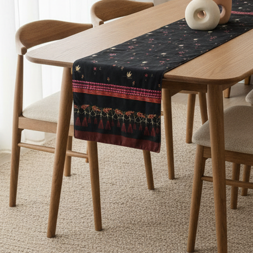 Dark floral table runner with a red patterned border on a dining table.