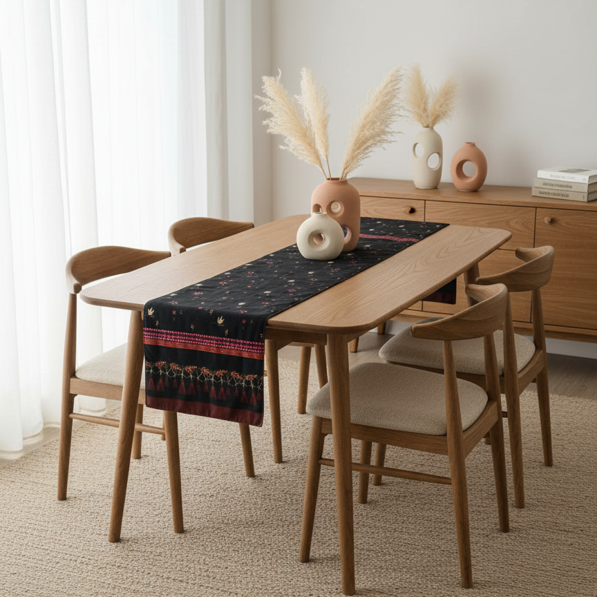 Dark floral table runner with a red patterned border on a dining table.