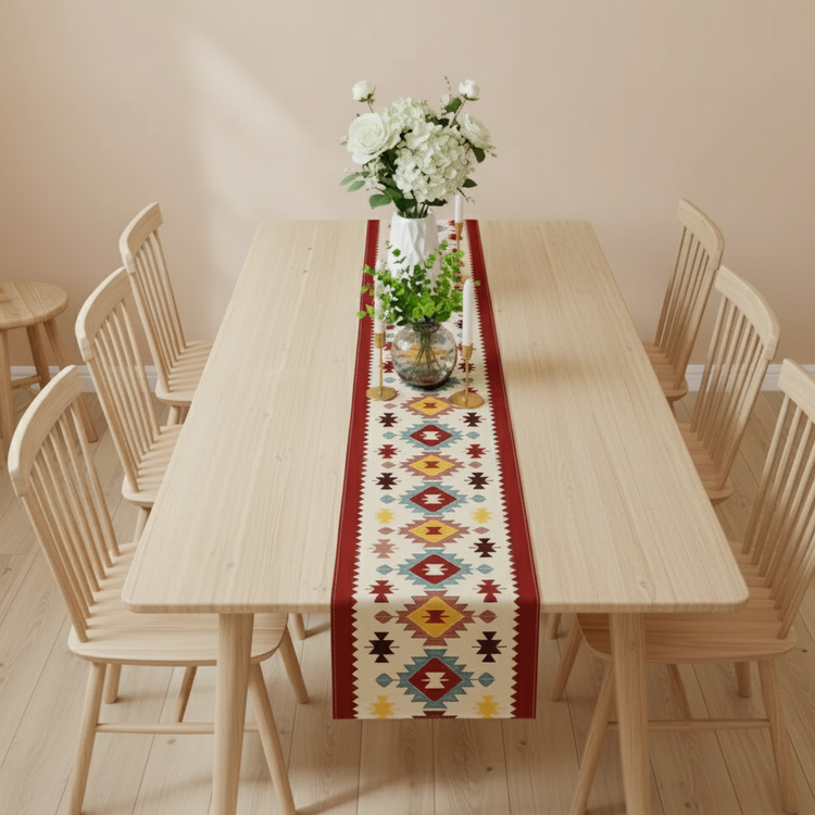 Cream table runner with colourful geometric diamonds and a red border on a dining table.