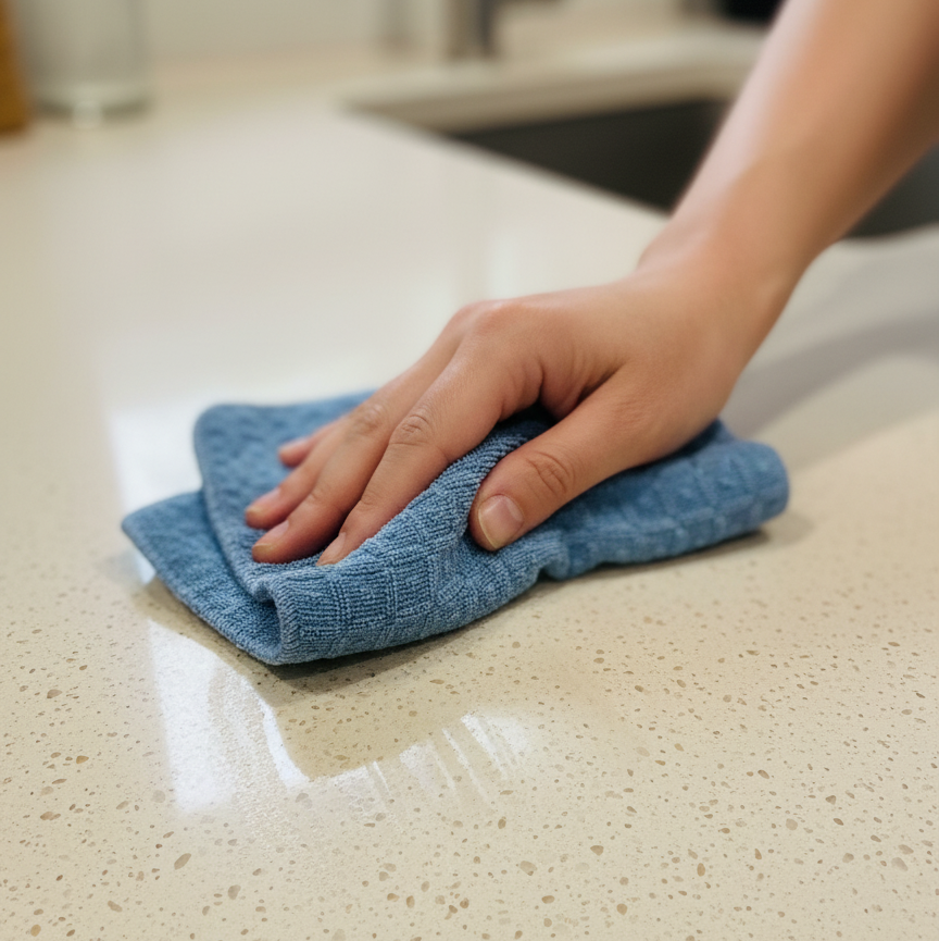 Hand wiping a kitchen counter with a light blue textured cleaning cloth.
