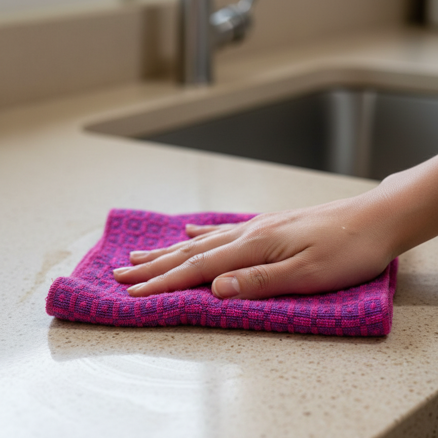 Hand wiping a kitchen counter with a purple textured cleaning cloth.