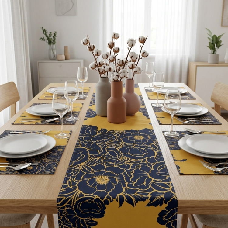 Navy and gold floral table runner with matching placemats.