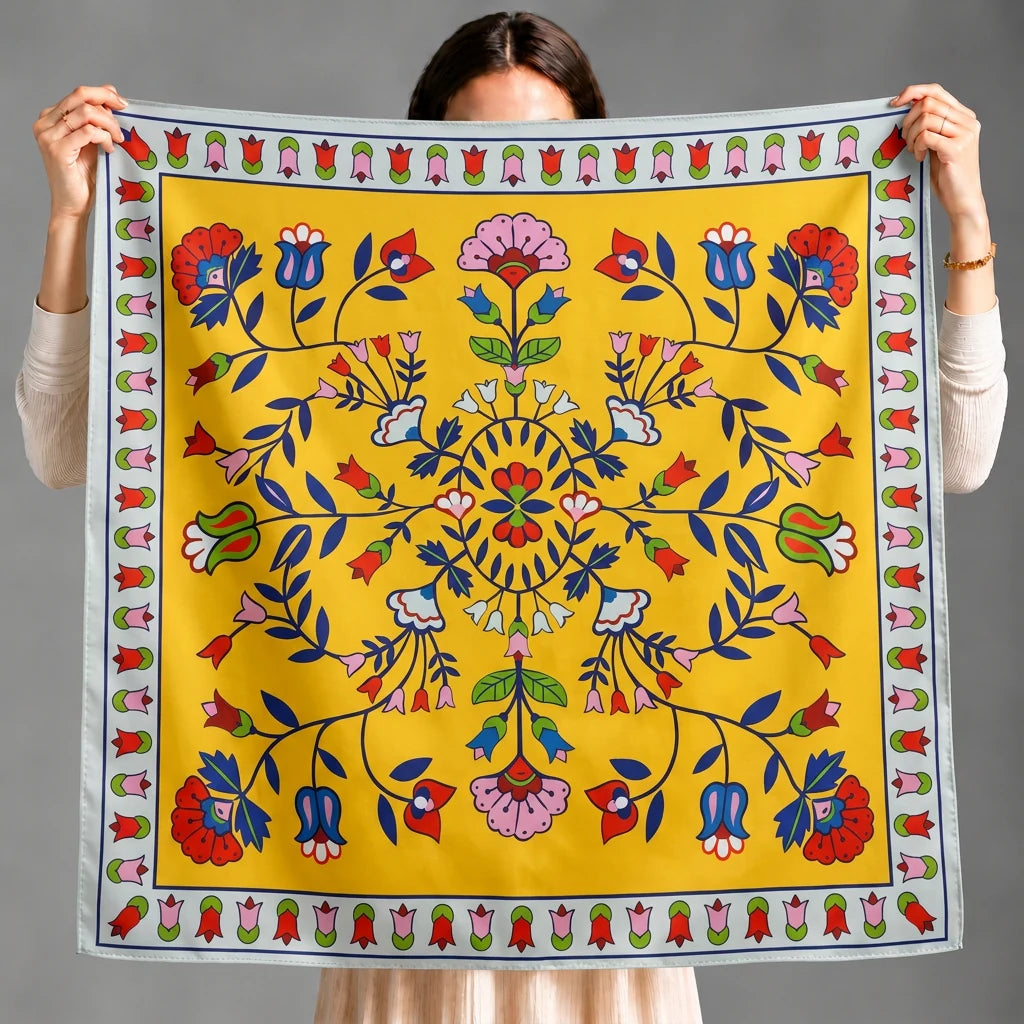 A person holds up a square yellow scarf with a colorful floral and geometric border pattern against a plain gray studio background.