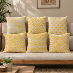 Happy Yellow Sun Cushion Covers Pack of 6 placed on a sofa
