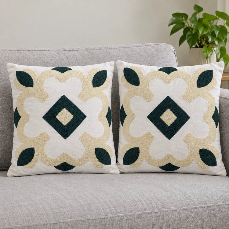Harvest Hues Embroidered Cushion Cover Pack of 2 placed on a sofa 