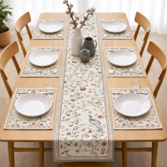 Cream table runner with delicate colourful floral vines and matching placemats.
