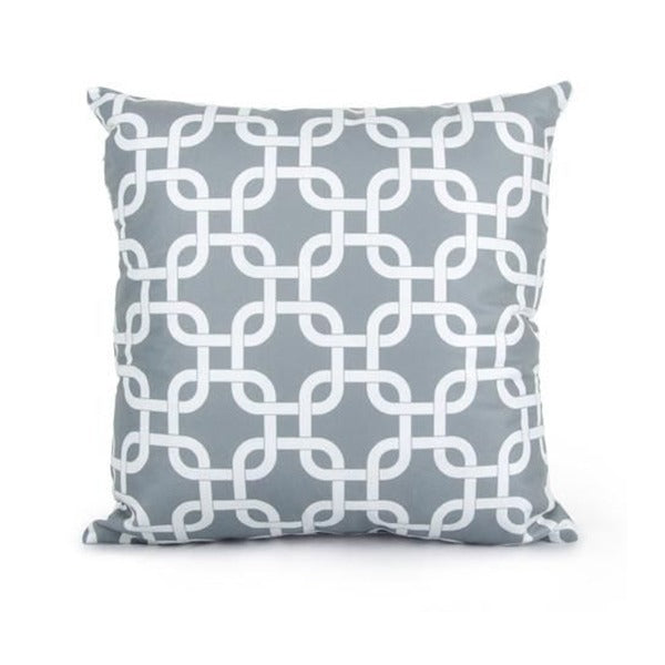 Grey cushion cover with white interlocking curved geometric lines.