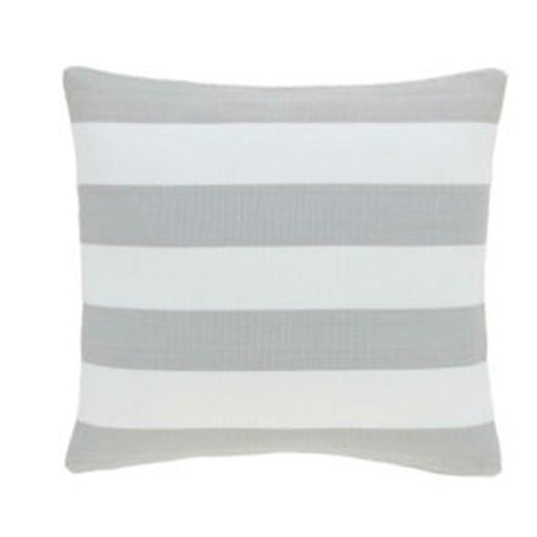 Cushion cover with broad grey and white horizontal stripes.