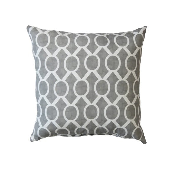 Grey cushion cover with a white linked oval and diamond pattern.