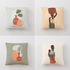 Four pastel cushion covers with abstract plant pots and illustrated women.