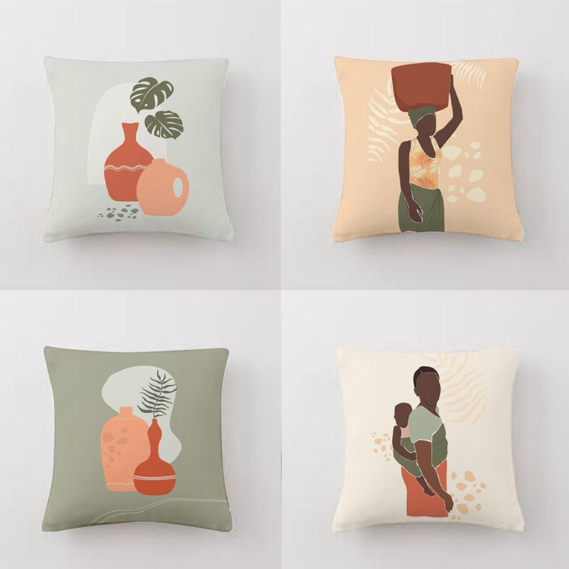 Four pastel cushion covers with abstract plant pots and illustrated women.