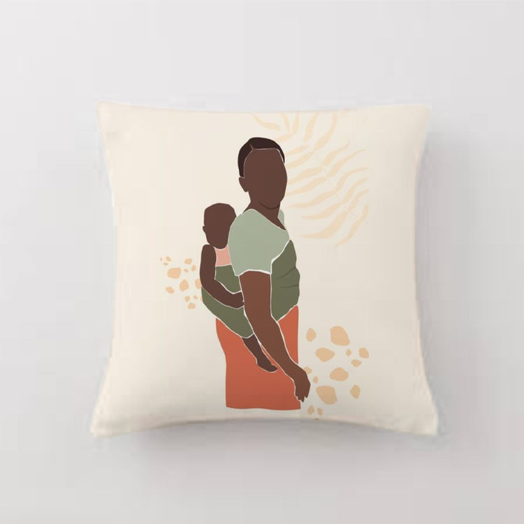 Cream cushion cover with an illustrated woman in green and terracotta clothing.