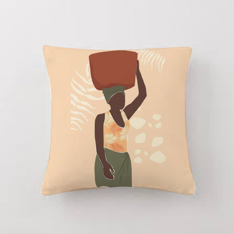 Peach cushion cover with an illustrated woman carrying a terracotta pot.