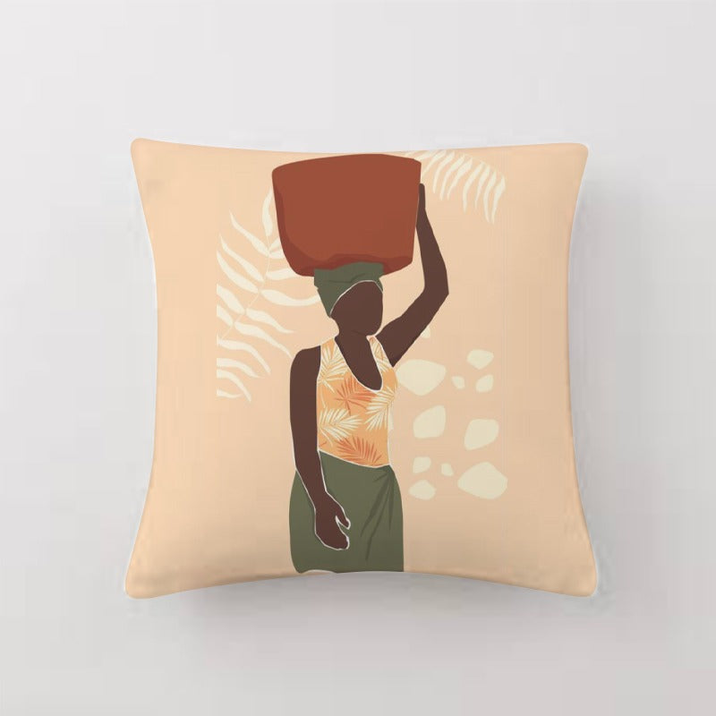 Peach cushion cover with an illustrated woman carrying a terracotta pot.