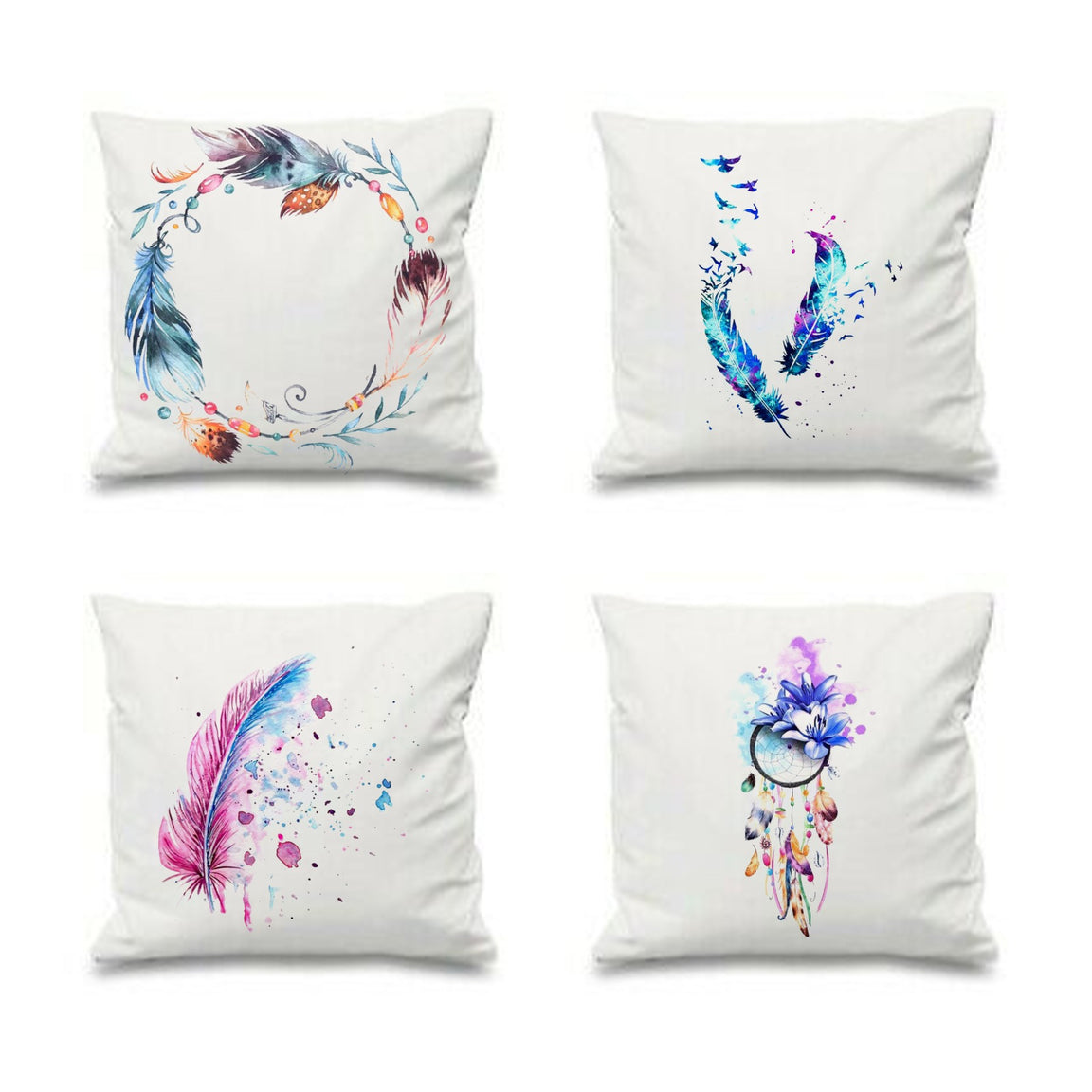 Four white cushion covers with colourful feather, wreath and dreamcatcher prints.