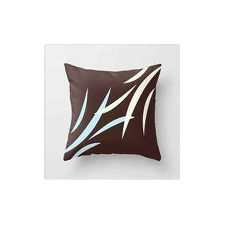 Brown cushion cover with slender cream and pale blue leaves.