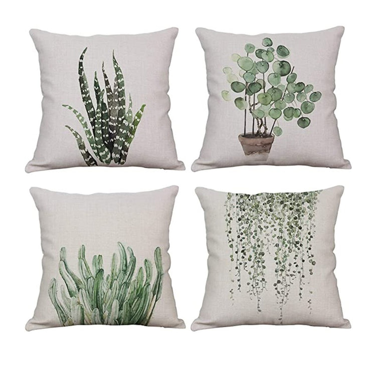 Four cream cushion covers with green potted and trailing plant illustrations.