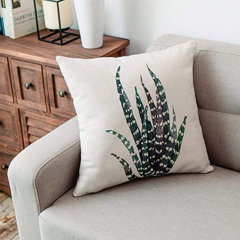 Cream cushion cover with a tall green succulent in a dark pot.