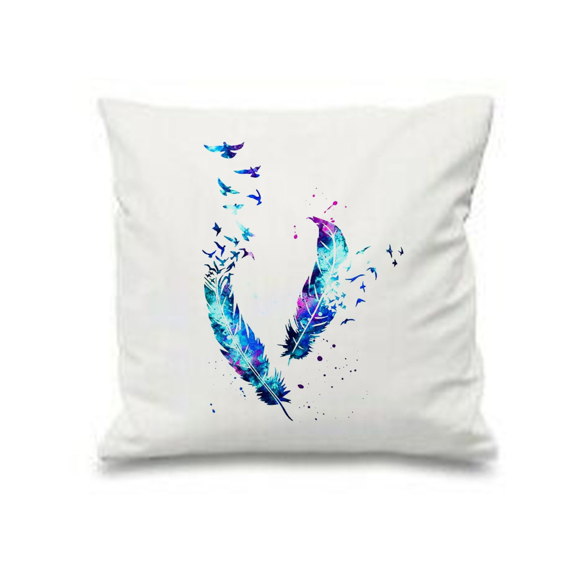 White cushion cover with two blue and purple feathers dissolving into small triangles.