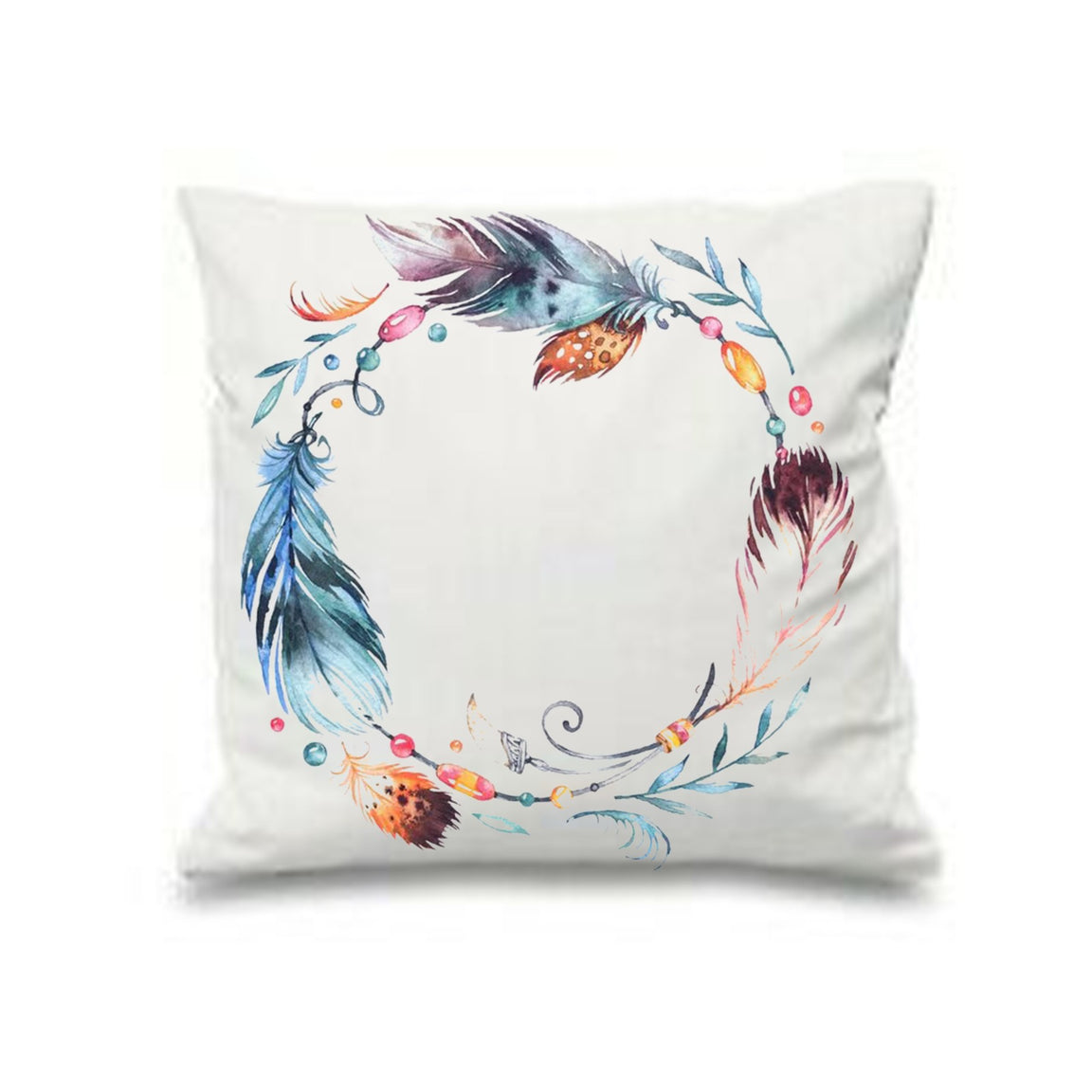 White cushion cover with a circular wreath of blue, pink and orange feathers.